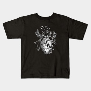 Floral art of human heart, black and white sketch illustration Kids T-Shirt